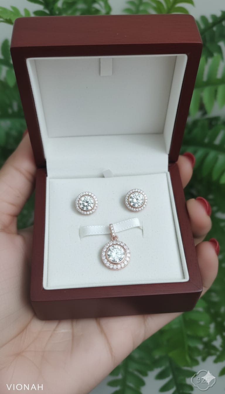 925 Sterling Silver Rose Gold-Plated Halo Earrings & Pendant - Image 4