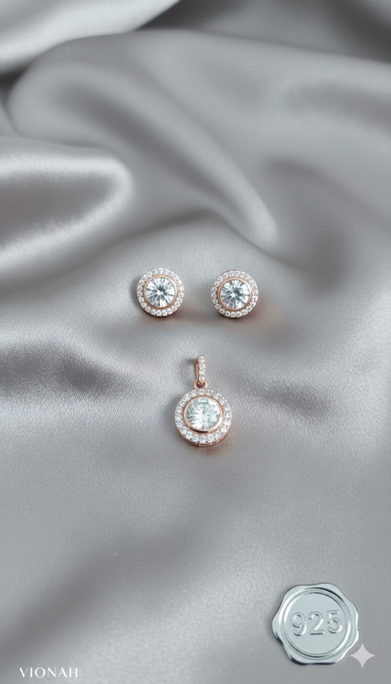 925 Sterling Silver Rose Gold-Plated Halo Earrings & Pendant - Image 3