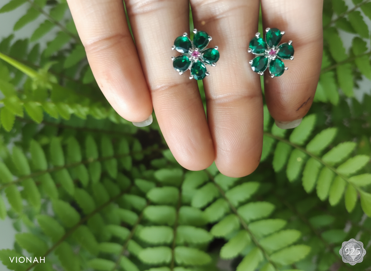 Emerald Floral Stud Earrings - Image 3