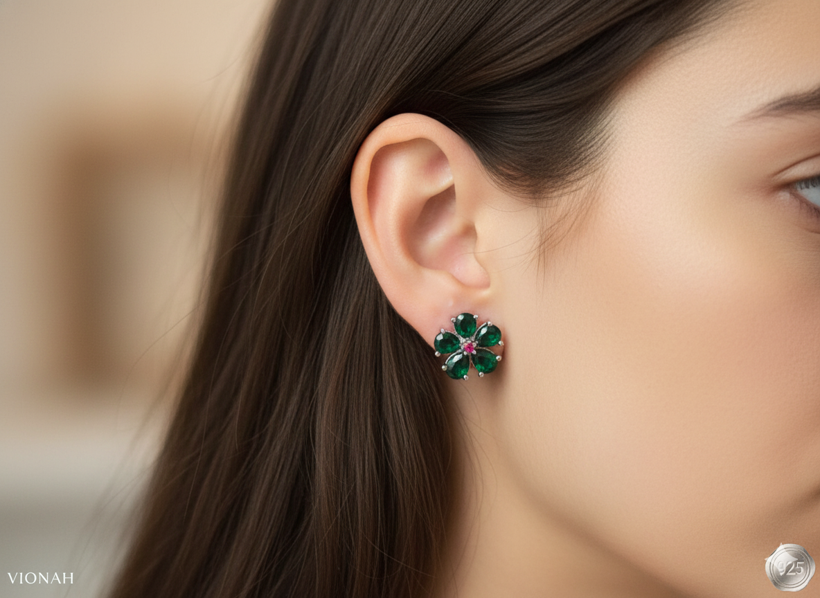 Emerald Floral Stud Earrings - Image 2