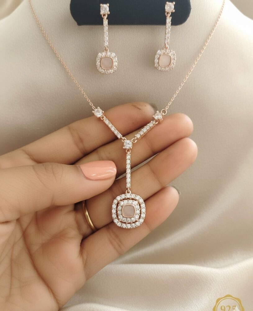 925 Silver Square Halo Necklace with Earrings Set
