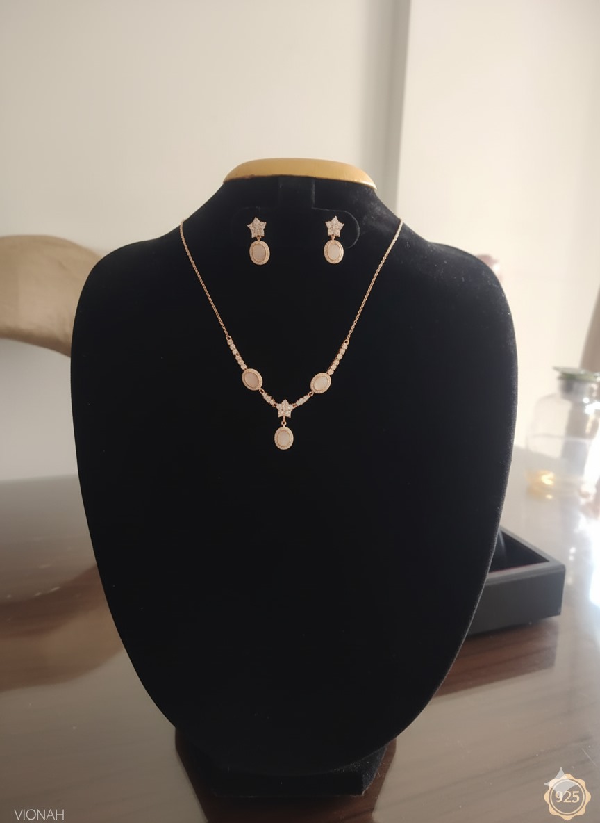 925 Silver Rose Gold Plated Oval Drop Necklace with Earrings Set