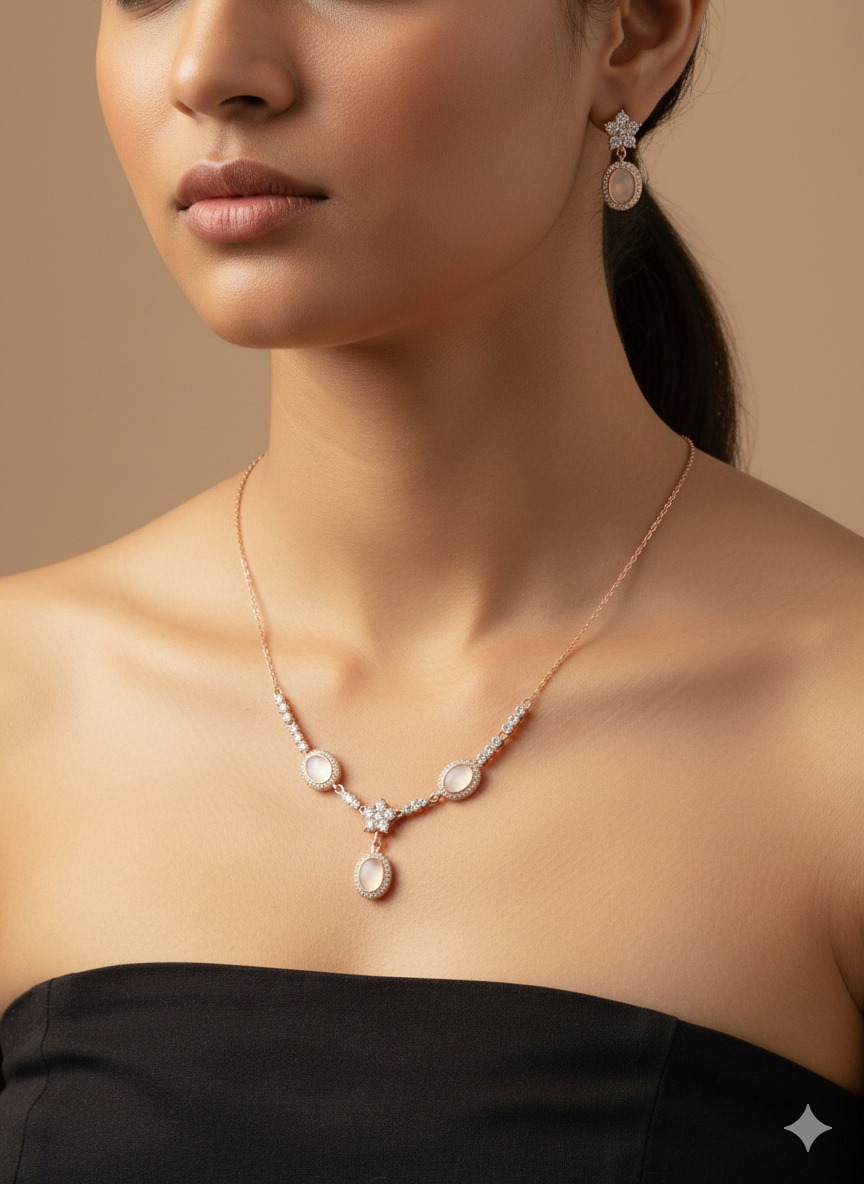 925 Silver Rose Gold Plated Oval Drop Necklace with Earrings Set - Image 4