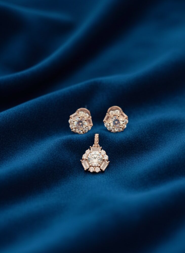 Classic Bloom 925 Silver Earrings with Pendant – Rose Gold Plated