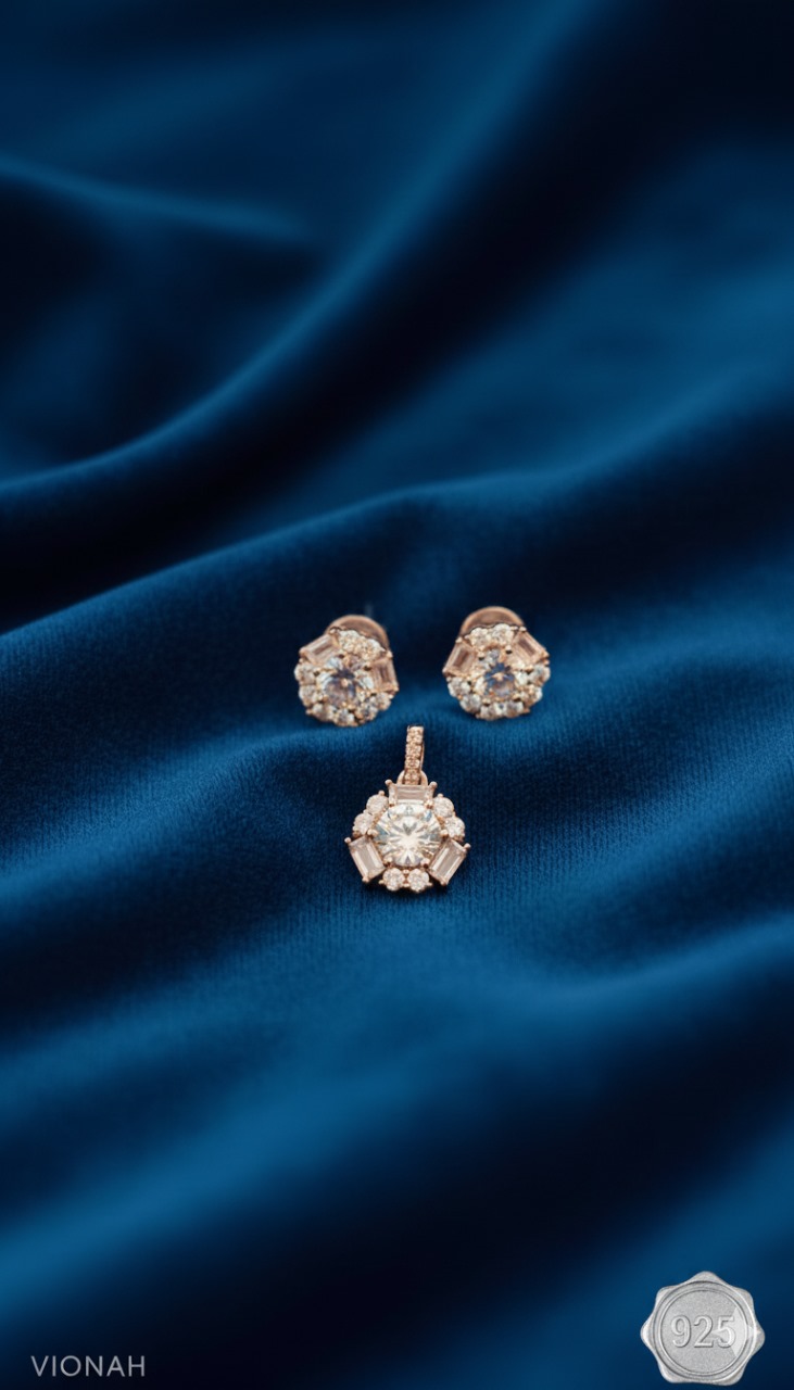 Classic Bloom 925 Silver Earrings with Pendant – Rose Gold Plated