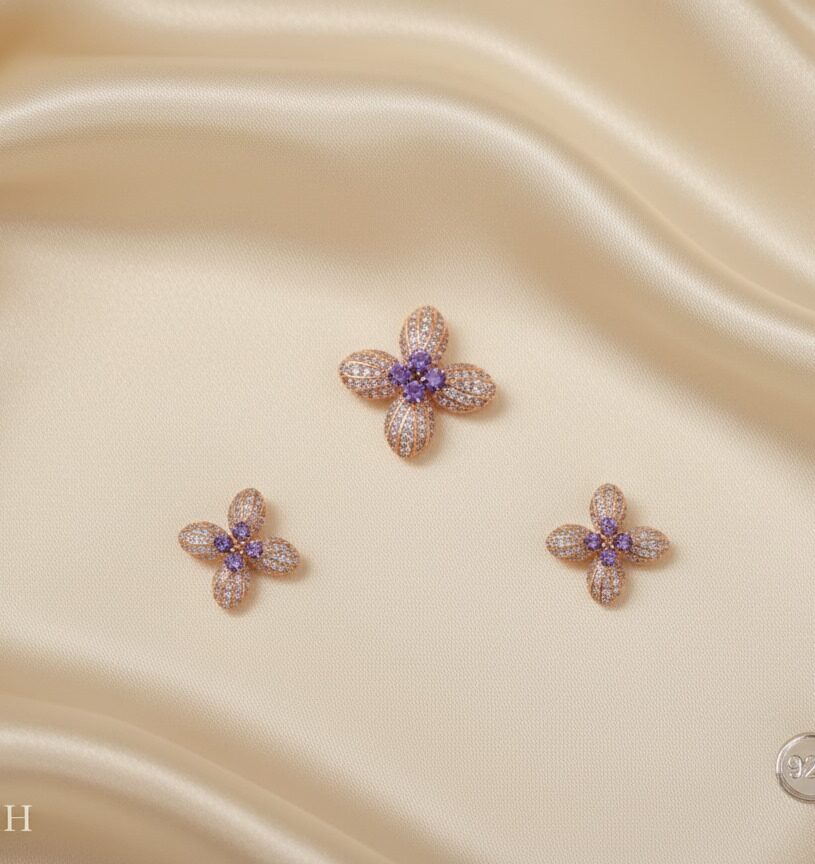 Floral Cluster 925 Silver Earrings with Pendant – Rose Gold Plated