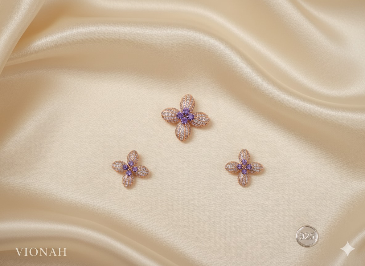 Floral Cluster 925 Silver Earrings with Pendant – Rose Gold Plated