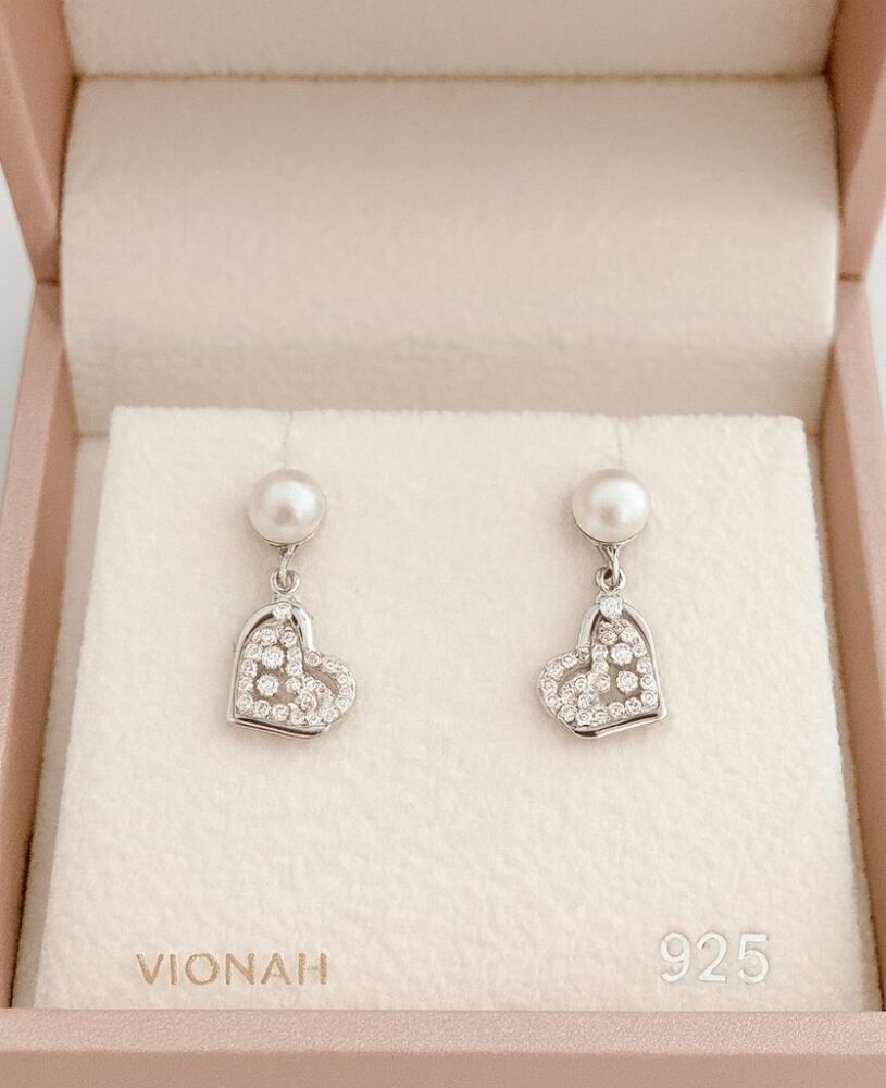 925 Silver CZ Pearl Heart Hanging Earring