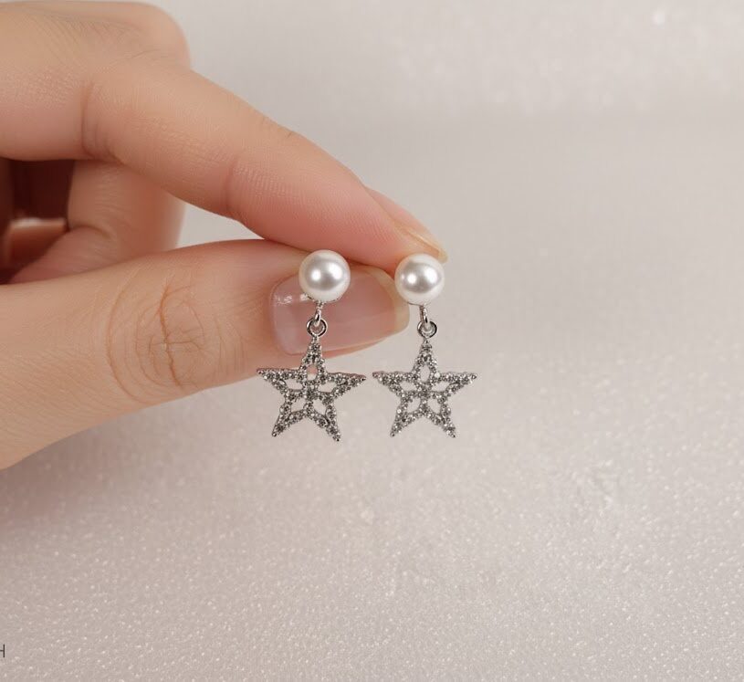 PEARL & CZ STAR DANGLE EARRINGS