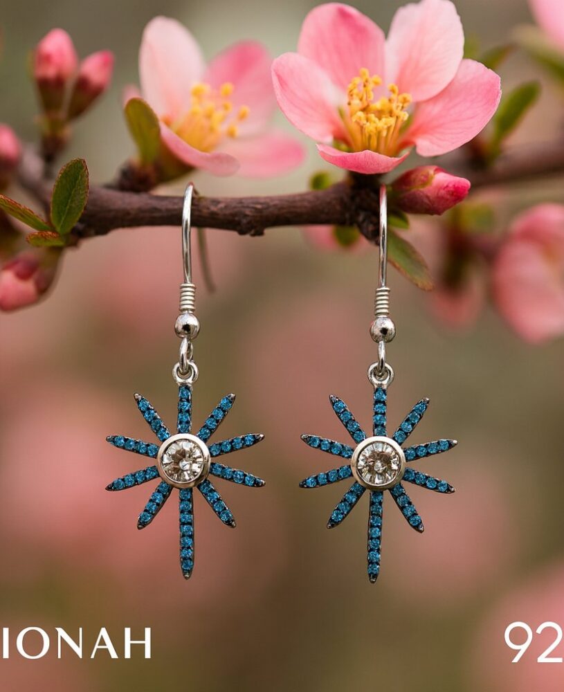 925 Silver Fancy Blue CZ Sunburst Hanging Earring