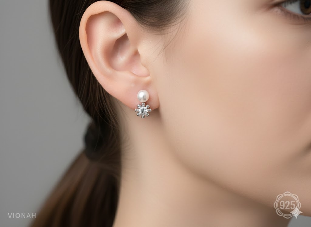 925 Silver CZ Pearl Snowflake Earring - Image 4