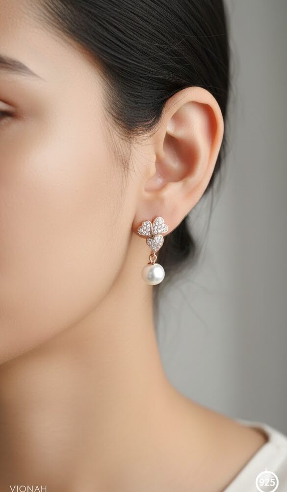 Rose Gold Pearl & Clover Drop Earrings