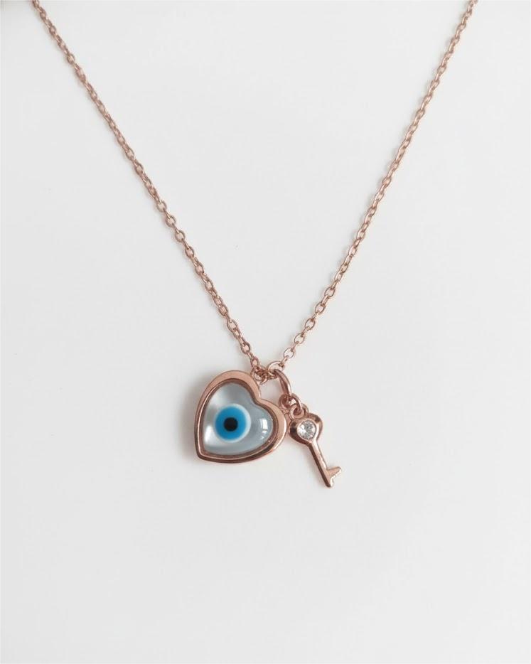 Rose Gold Evil Eye Heart & Key Pendant Necklace