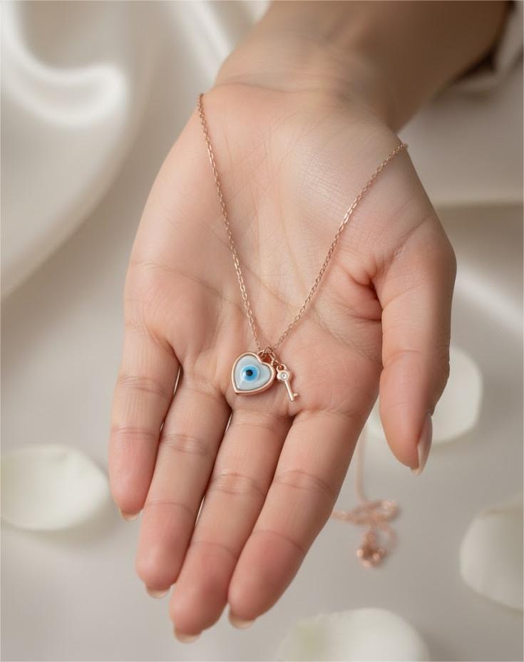Rose Gold Evil Eye Heart & Key Pendant Necklace - Image 2