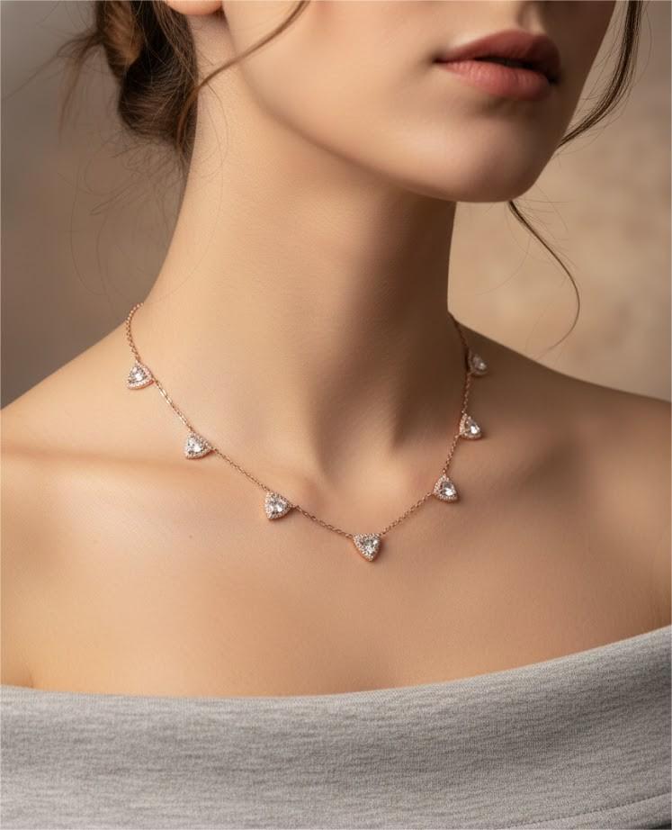 Rose Gold White Stone Triangle Charm Necklace