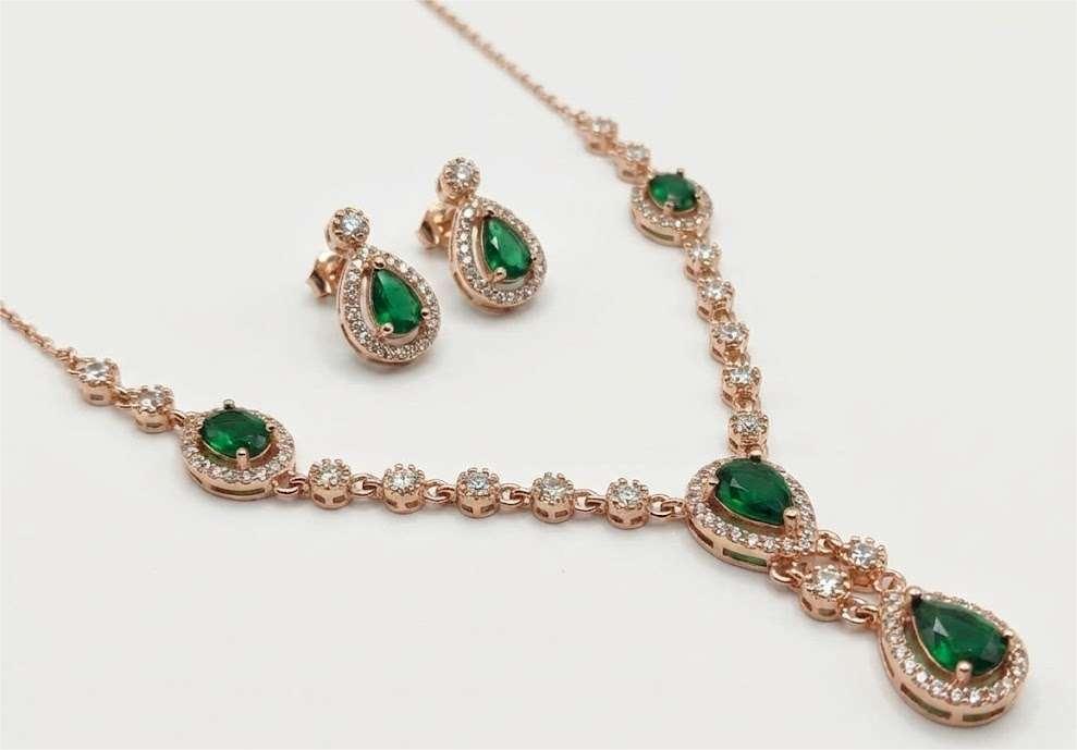 Green Stone 925 Sterling Silver Necklace Set with Earrings - Image 3