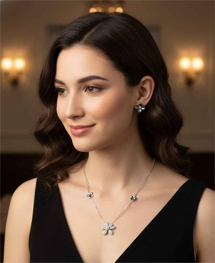 Floral Zircon 925 Sterling Silver Chain with Earrings