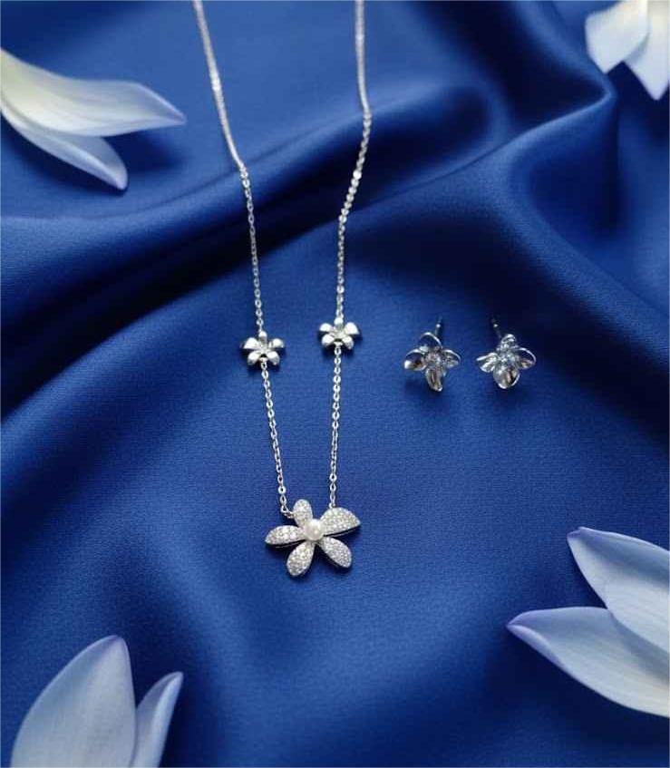Floral Zircon 925 Sterling Silver Chain with Earrings - Image 2