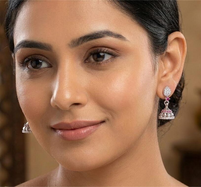 925 Sterling Silver Pink Stone Jhumkas