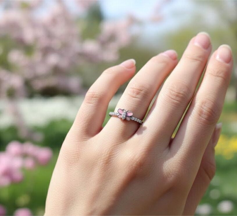 Pink Butterfly Silver Ring